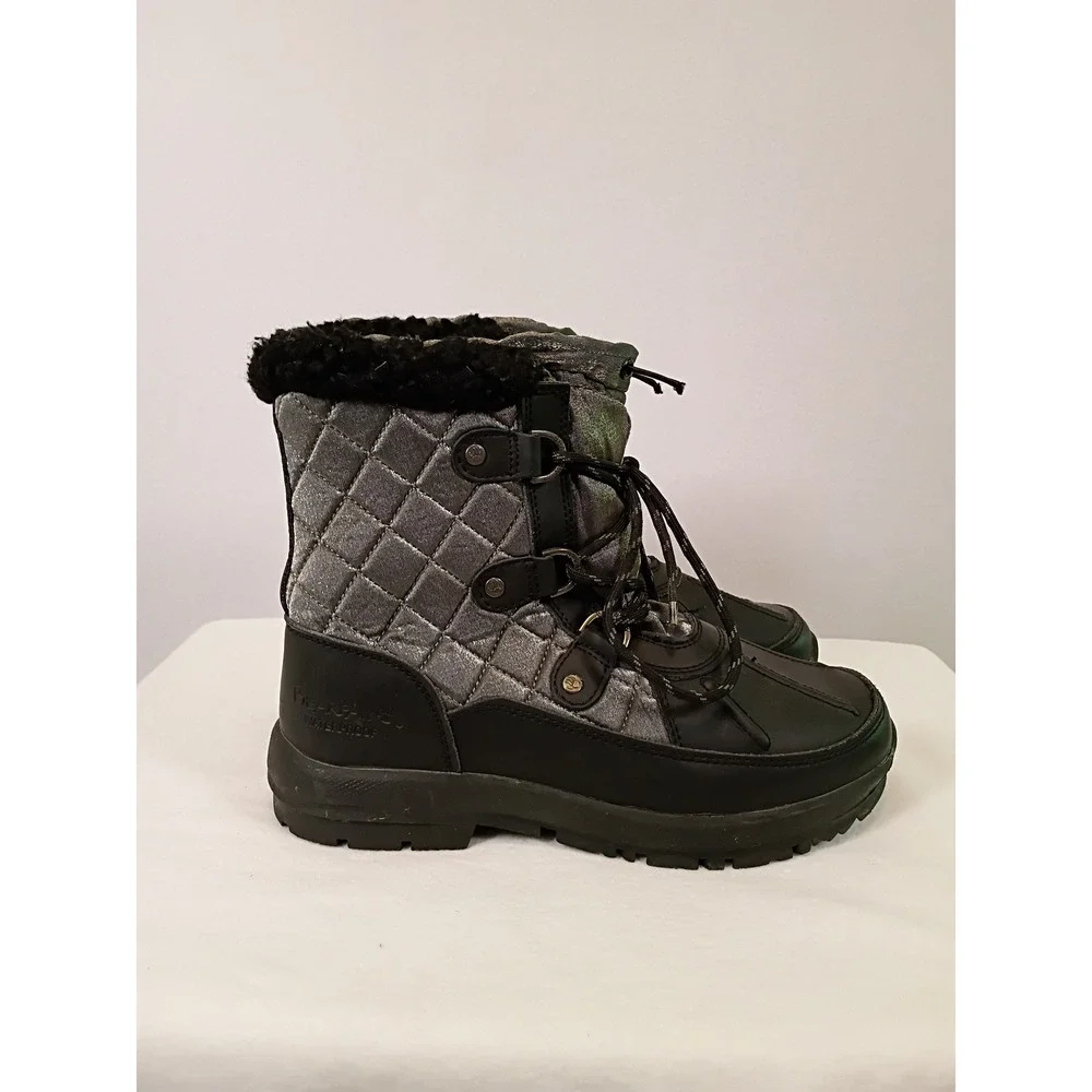 Wintercore Bearpaw Women 7 Black Silver Waterproof Quilted Faux Fur Snow Boots